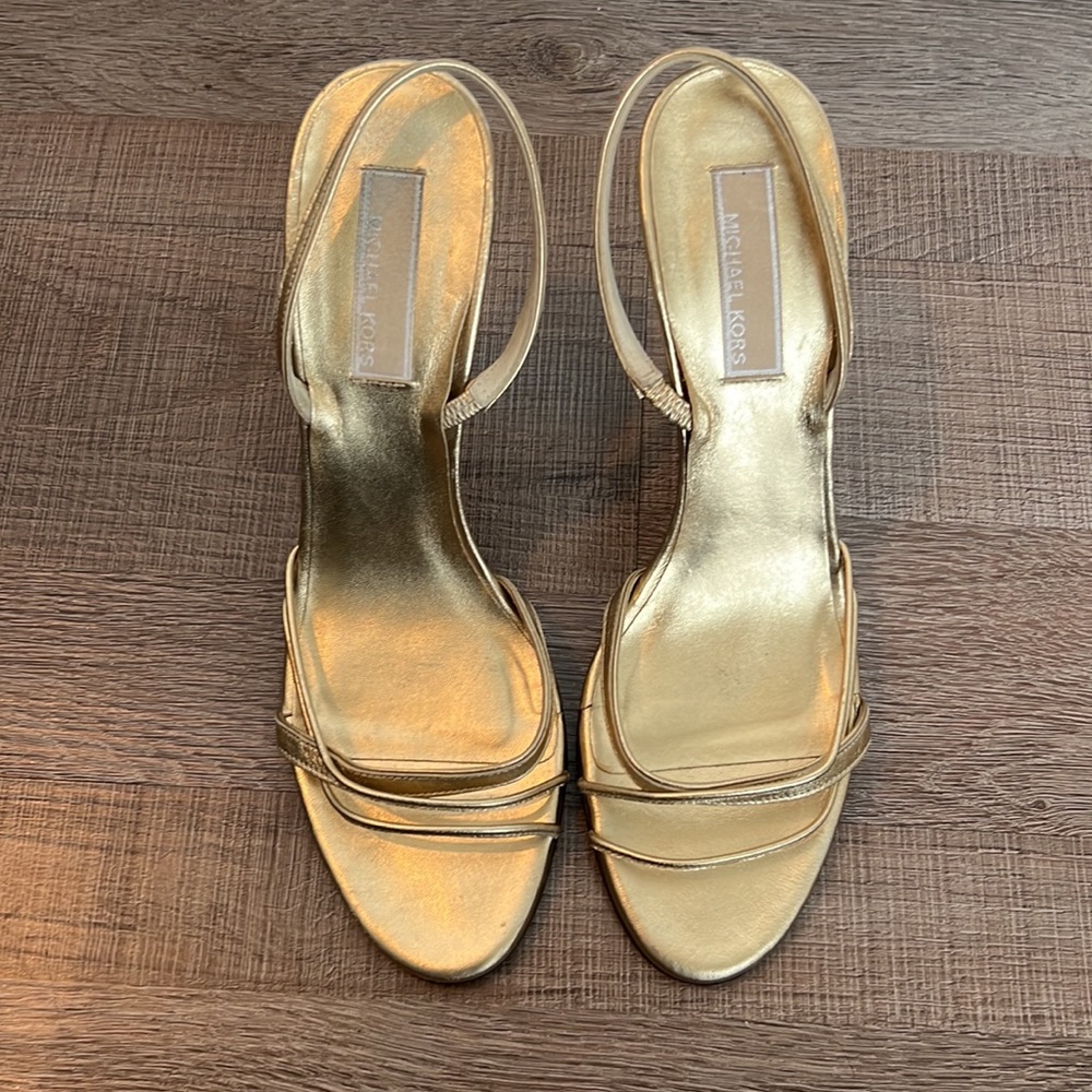Michael Kors Gold Metallic Sandal Slingback Heels - Picture 3 of 12